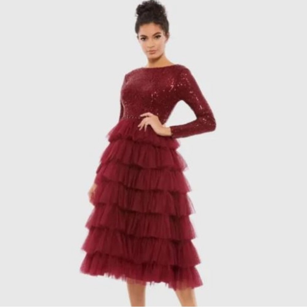 Mac Duggal Long Sleeve Ruffle Tiered Midi Dress - Red - 10